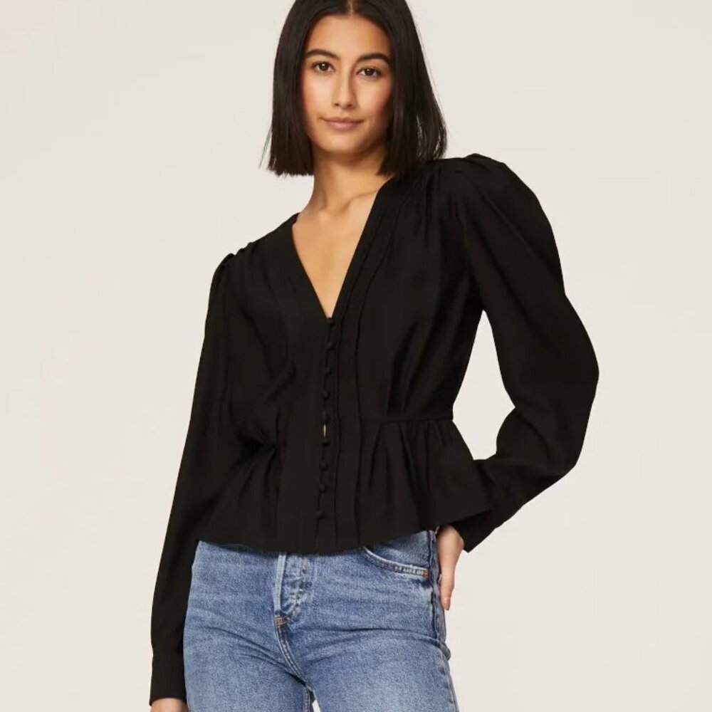 The Kooples Black V-Neck Button-Peplum Blouse
